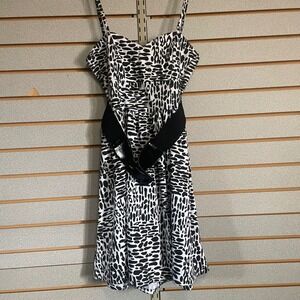 APRIL USA Women's Black White Animal Print Fit Flare Dress with Belt Size M